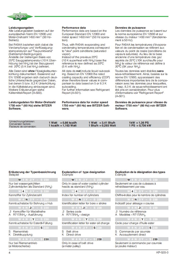 Bitzer Compressor 4N.2Y, technical parameters pdf, structure diagram
