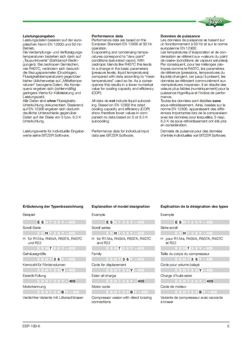 Bitzer Compressor ESH736, technical parameters pdf, structure diagram