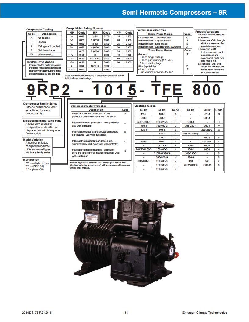 Copeland Compressor 9TK2-050E-TFC-200, technical parameters pdf, structure diagram