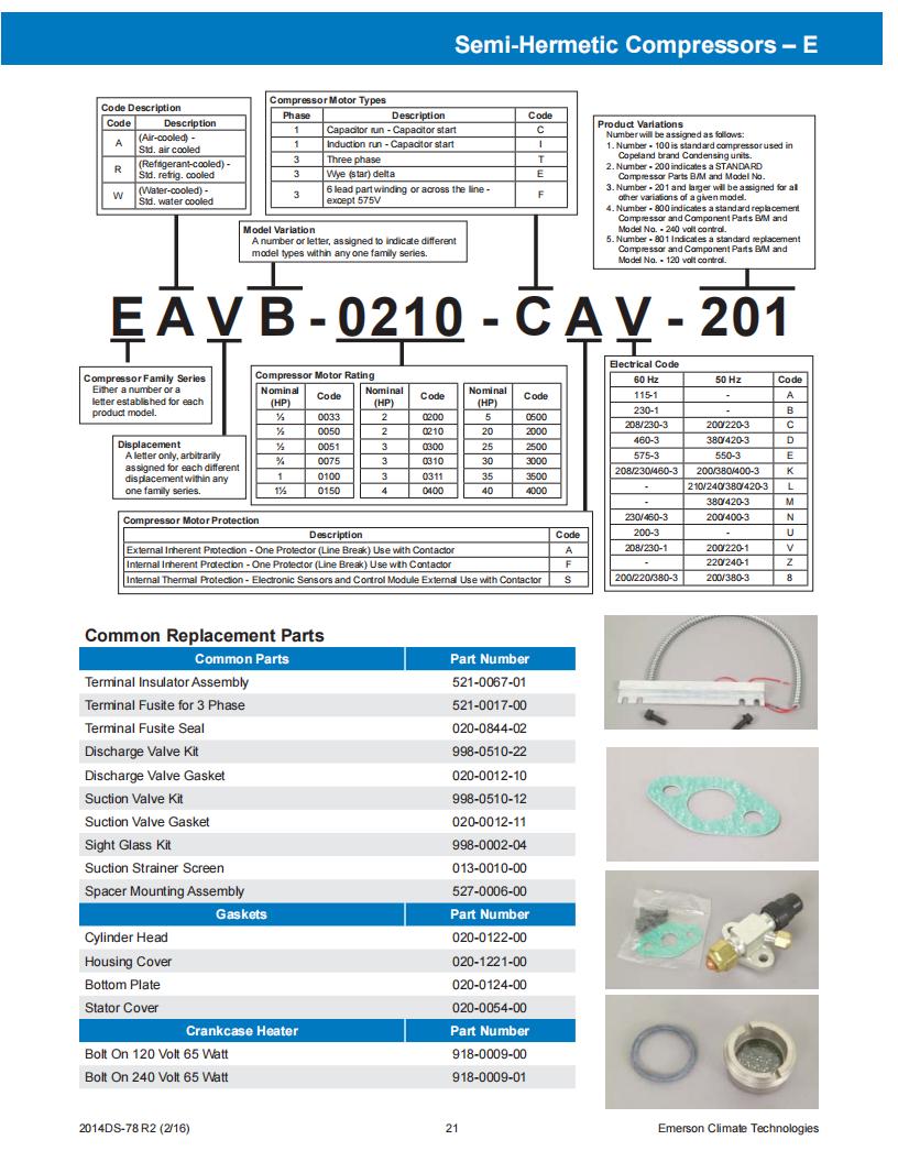 Copeland Compressor KAKB-011E-CAV-212, technical parameters pdf, structure diagram