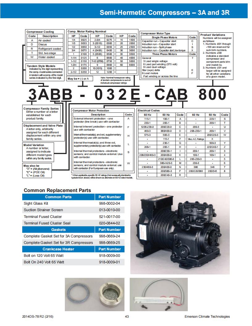 Copeland Compressor 3AJ2-0200-CAB-800, technical parameters pdf, structure diagram