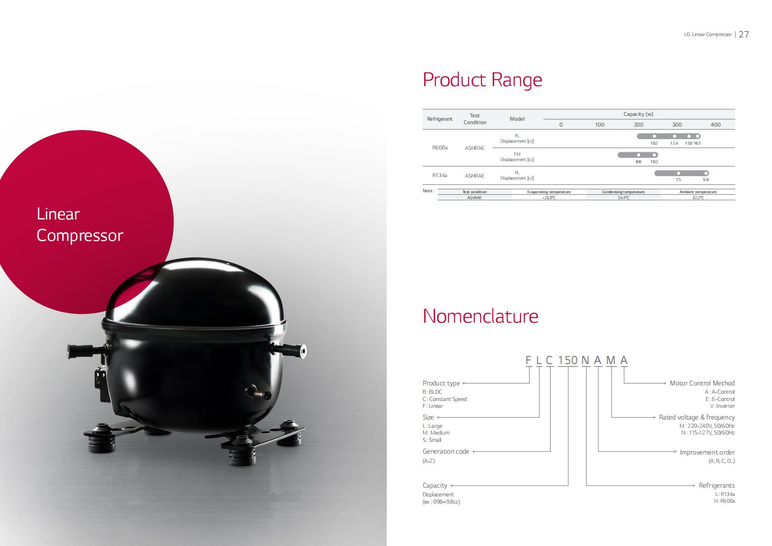 LG Compressor FLE165NAMA, technical parameters pdf, structure diagram